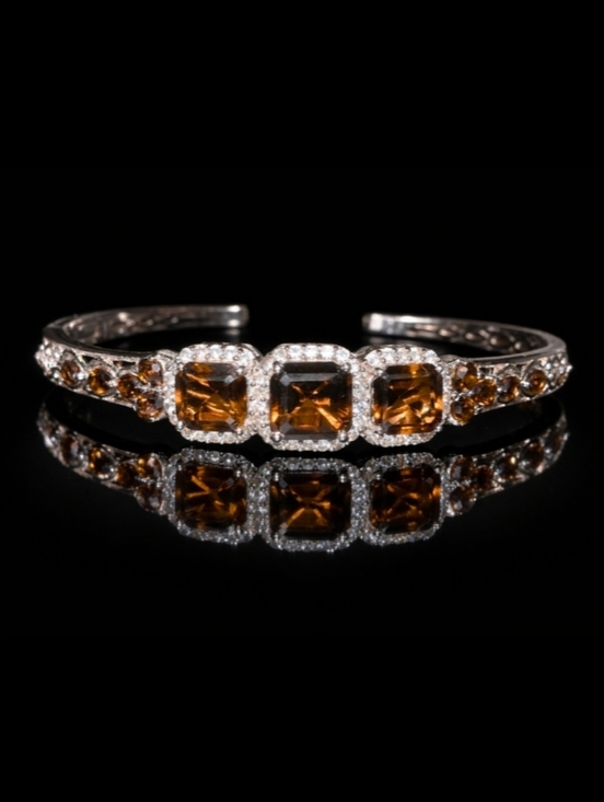 Jewelry - Smokey Quartz & Zirchon Open Cuff Sterling Silver Bracelet 11.10 cts